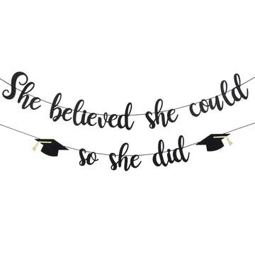 Black Glitter She Believed She Could So She Did Banner Girls 2025 Graduation Banner for Girls College Graduation Party Decoratio