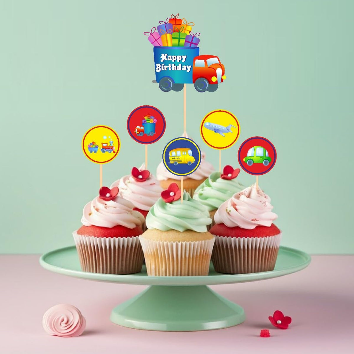 Untumble Vehicle Cake Topper Set  1 Vehicle & 24 Transport Theme Cup Toppers | Birthday Decoration For Boys | Pack Of 25