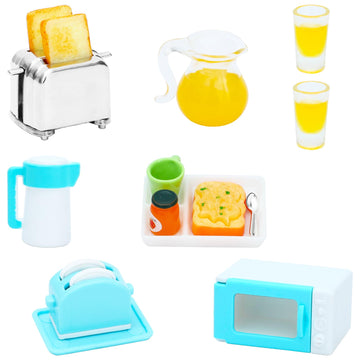 ONEST 14 Pieces Miniature Dollhouse Accessories Mini Breakfast with Slices Juice Kitchen Microwave Bread Machine and Others for 