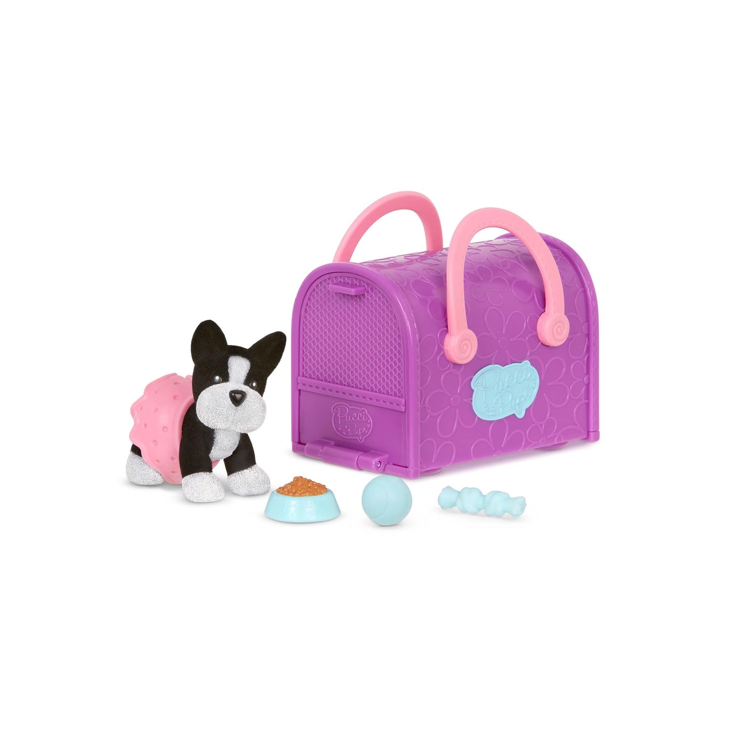 Pucci Pups Collectible Puppy Set - Boston Terrier, Pug, Shih Tzu - Small Fabric Carrier Purse - Multicolor Toys for Kids 3+