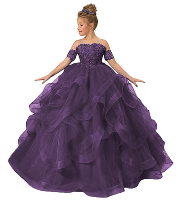 Zpvp Princess Flower Girl Dress For Wedding Long Tulle Girls Pageant Dress Puffy Ruffles Beaded Appliques Party Costumes Plum Us
