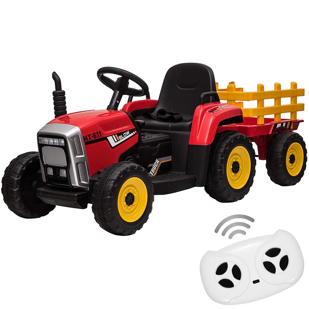 Kids Battery Powered Electric Tractor With Parent Remote Control & Trailer, Toddler 12V Ride On Toy With Dual Motors /2+1 Gear Shift/ 7-Led Lights/Usb & Music Player,Red,25W/Treaded Tires
