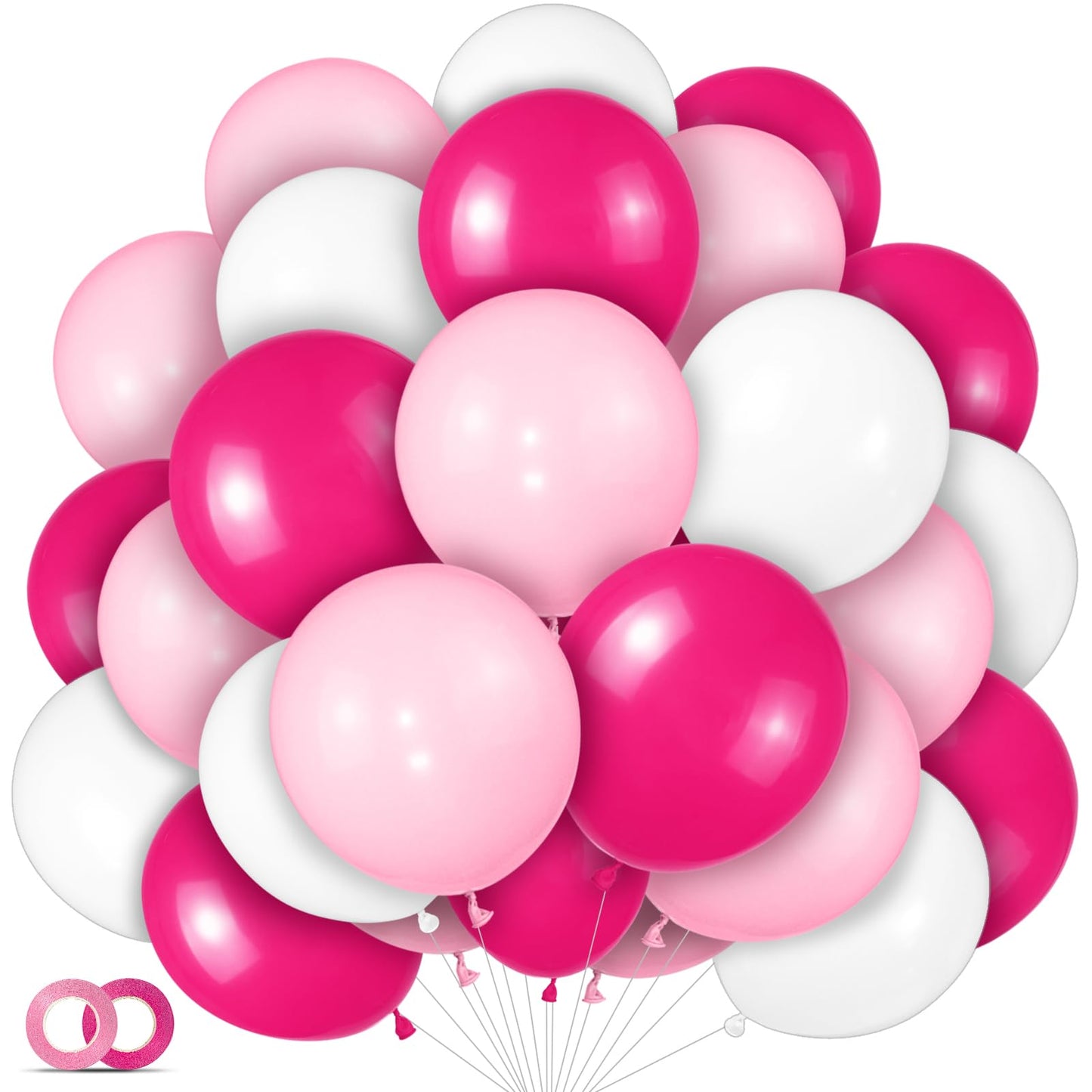 Pink White Balloons 100Pcs 12 Inch Hot Pink Pastel Pink White Balloons With 2 Ribbon For Valentine'S Day Girl'S Woman'S Birthday