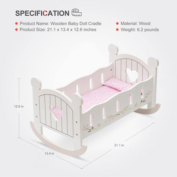 Robotime Wooden Play Doll Cradle Rocking Baby Doll Crib, Reversible Doll Bedding For Toddler Girl,Fits Dolls Up To 20 Inches (Wh