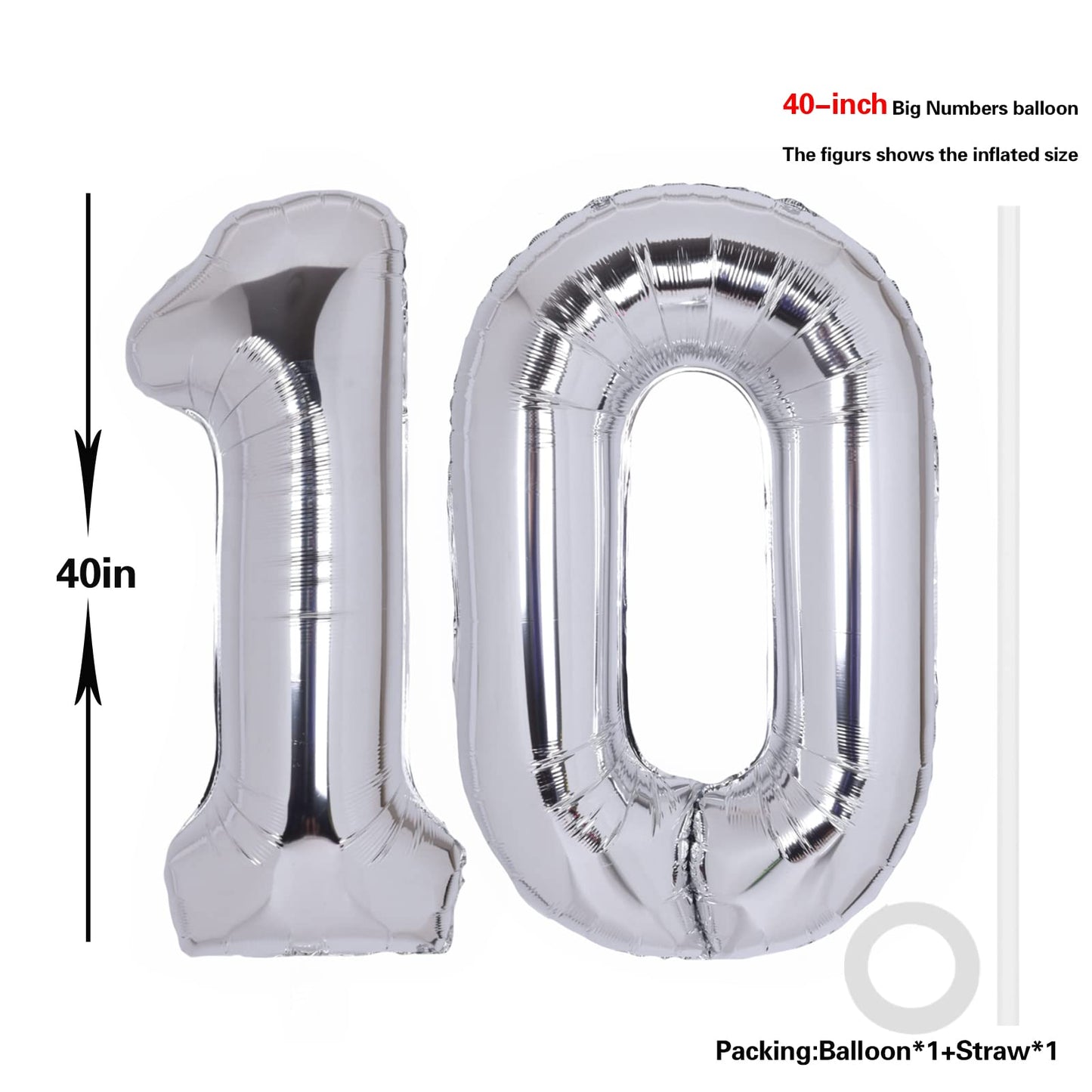 40 Inch Number 10 Balloon Silver Jumbo Giant Big Large Number 10 Foil Mylar Silver Balloons 10Th Birthday Party Anniversary Deco