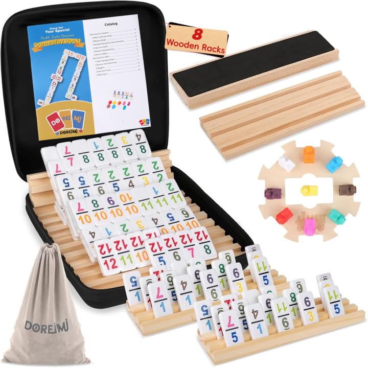 Double 12 Mexican Train Dominoes Set With 8 Wooden Racks & 91 Number Tiles Portable Travel Board Game For Kids And Adults Family
