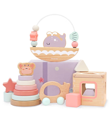 Pillowhale 4-In-1 Wooden Toddler Toys For 1 Year Old, Wooden Stacking Rings Tower, Shape Sorter Box, Bead Maze, Wood Baby Push Car, Wooden Stacking Toys For Boys Girls 12M+