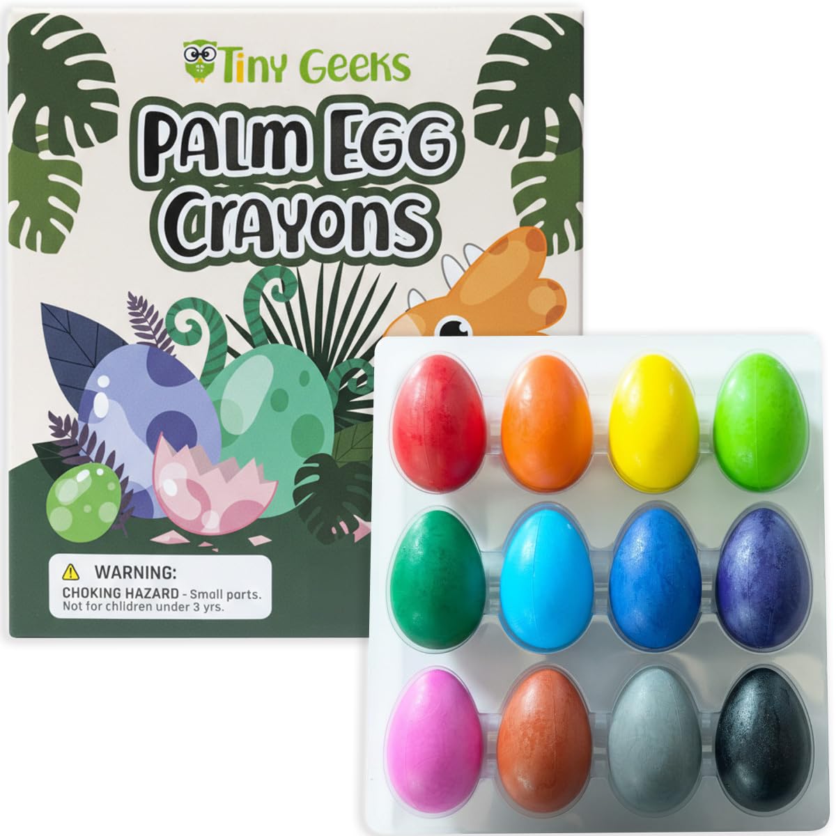 TinyGeeks 12 Color Egg Crayons - Palm Grasp Non-Toxic and Washable for Toddlers (3-6) & Kids (4-8) - Easy-to-Hold, Perfect for T