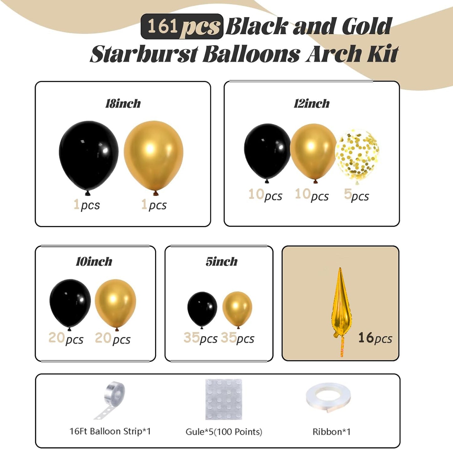 Bonropin 161Pcs Black And Gold Balloons Garland Arch Kit With Explosion Star Balloons, 5/10/12/18In Black Gold Confetti Latex Ba
