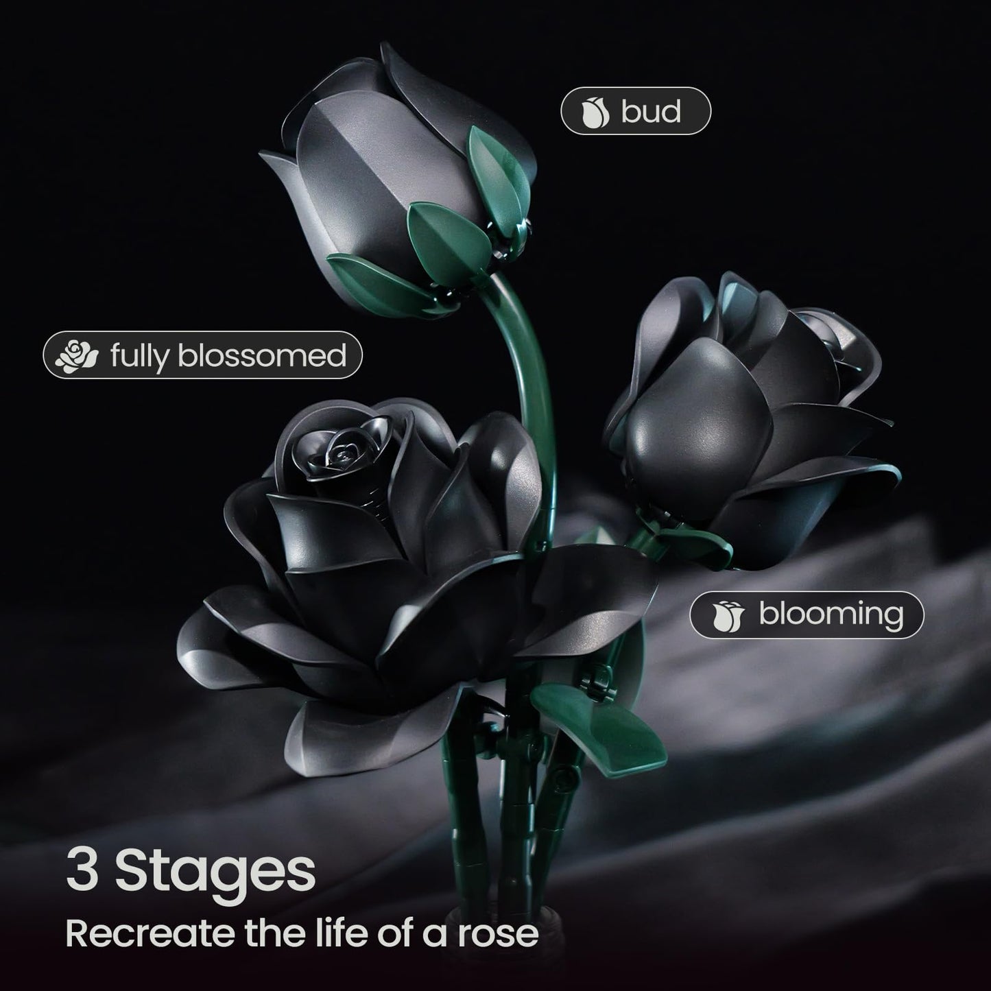 Black Roses Flower Bouquet Building Set, Rose Botanical Collection Blocks Kit Compatible With Lego Flowers For Adults, Gothic De