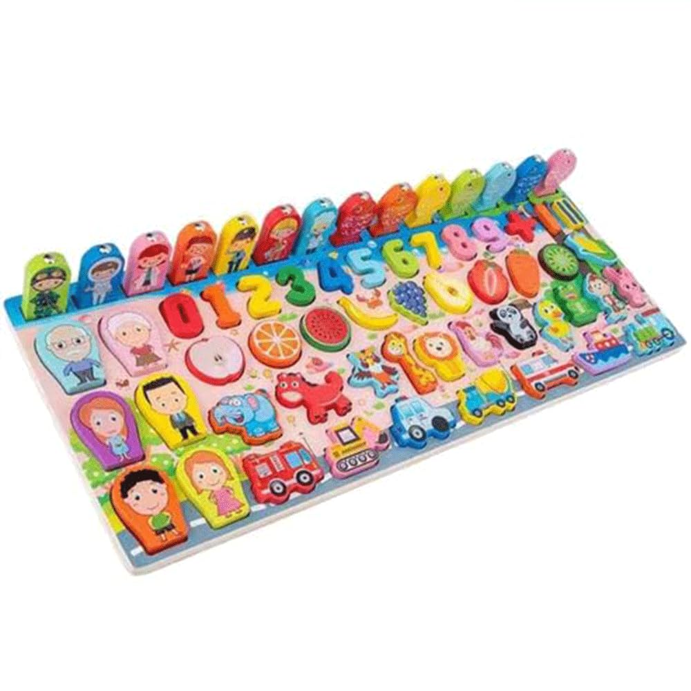 Zinnia Wooden Shape Sorter Toy, 6In1 Educational Activity Board, Number & Color Recognition, Fishing Game & Vehicles Puzzle, E