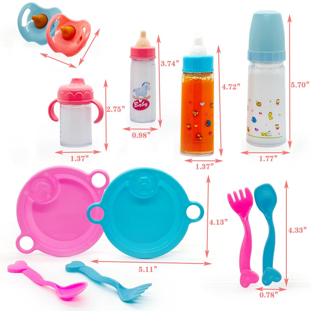 Baby Doll Accessories Magic Bottle Set Magic Disappearing Milk Juice Bottles Sippy Cups with Pacifiers Bowl Spoons, Doll Bottle