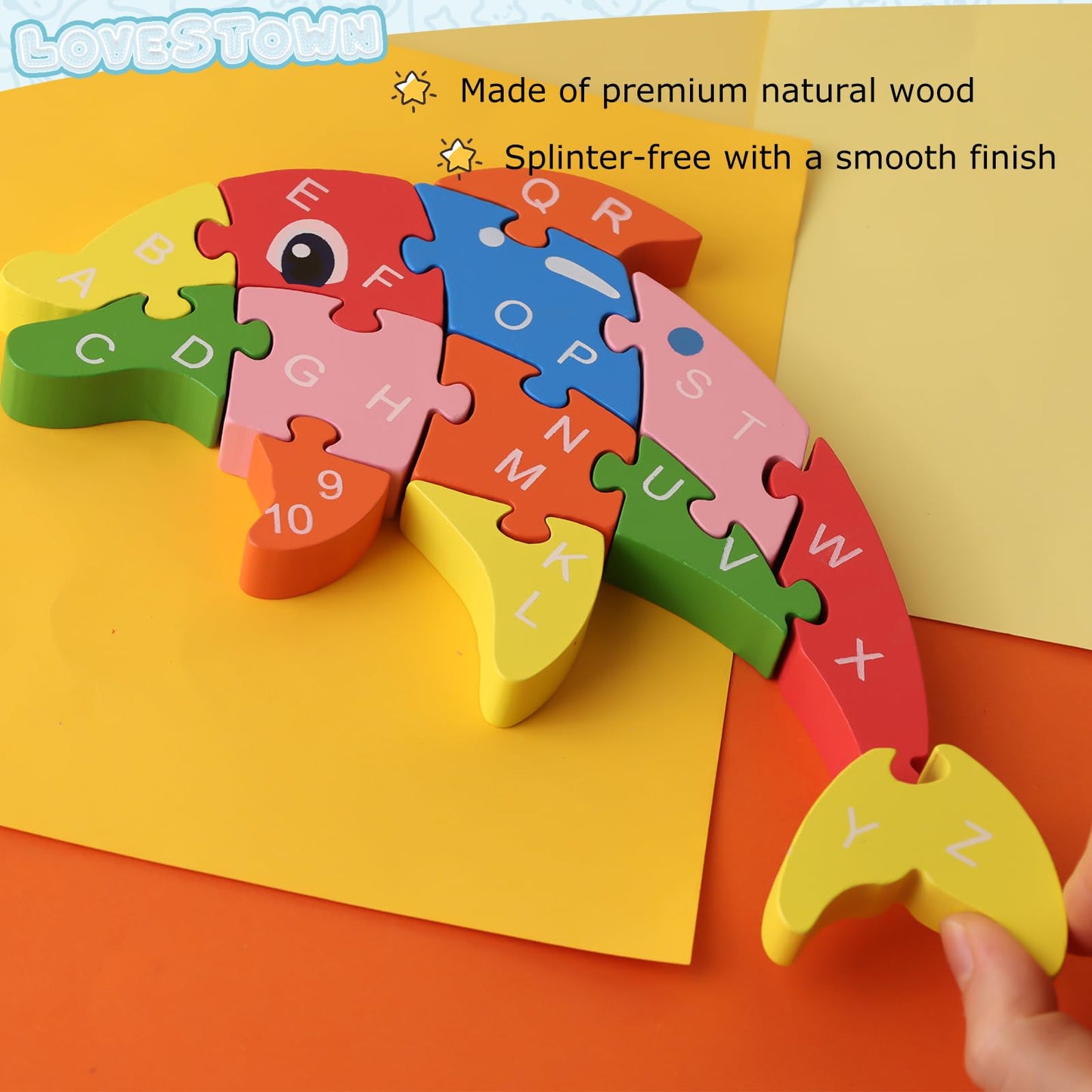 Lovestown Dolphin Wooden Puzzle, 26Pcs Jigsaw Puzzle Alphabet And Number Blocks Wooden Building Blocks For Kid Toddlers Preschool