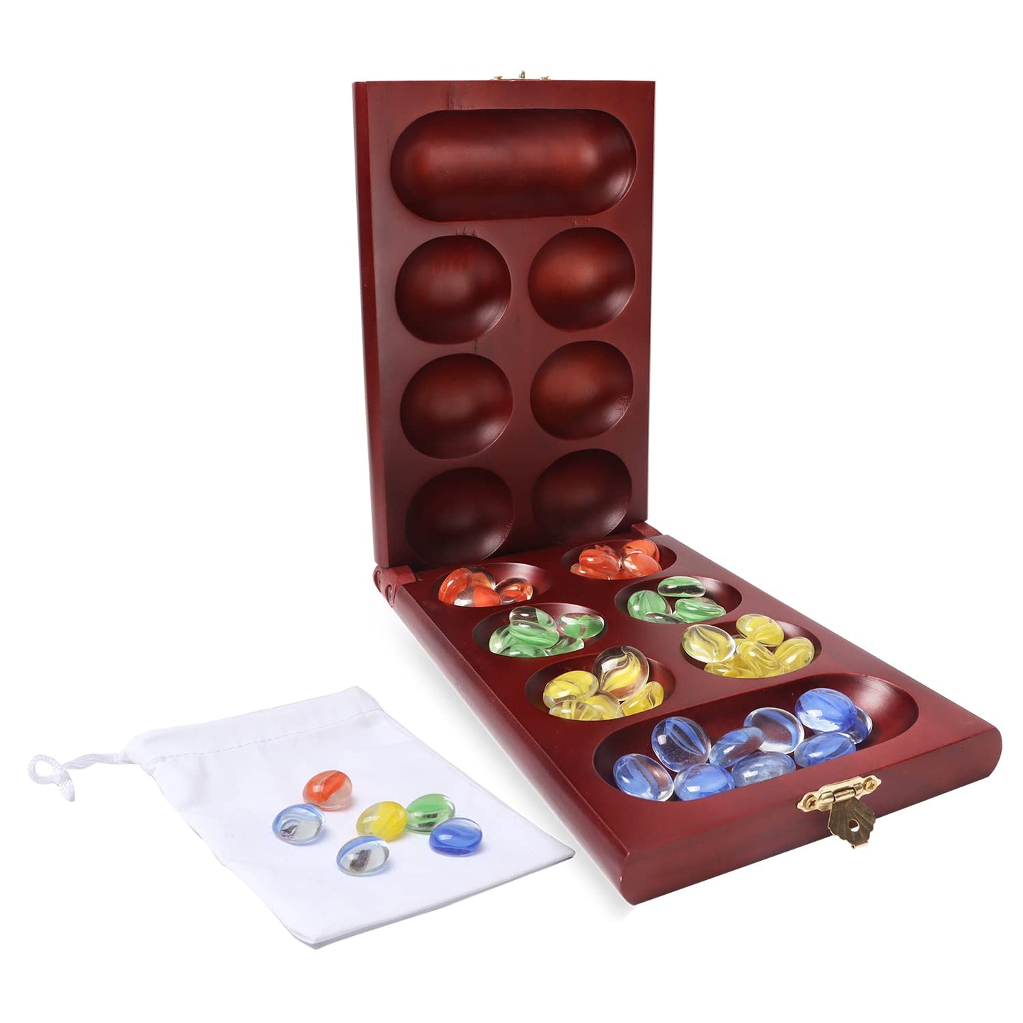 GSE Folding Wooden Mancala Board Game with Multi-Color Glass Stones and Storage Bag  Portable Family Travel Strategy Games Set for Kids & mature-themeds (Mahogany)