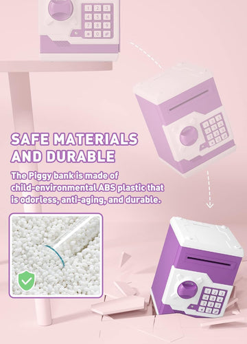 Piggy Bank For Girls Boys Large Electronic Money Coin Banks With Password Protection, Automatic Paper Money Scroll Saving Box, Great Gift For Kids (Purple-White)
