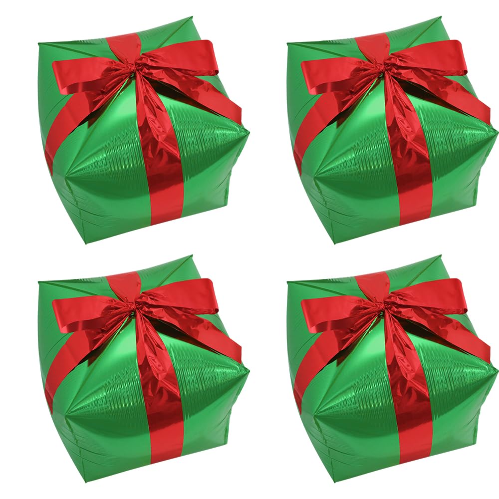 Deermon 4 Piece Green Christmas Gift Box Balloons With Red Ribbon, Square Shape Present Gift Box Cube Aluminum Foil Balloon For 