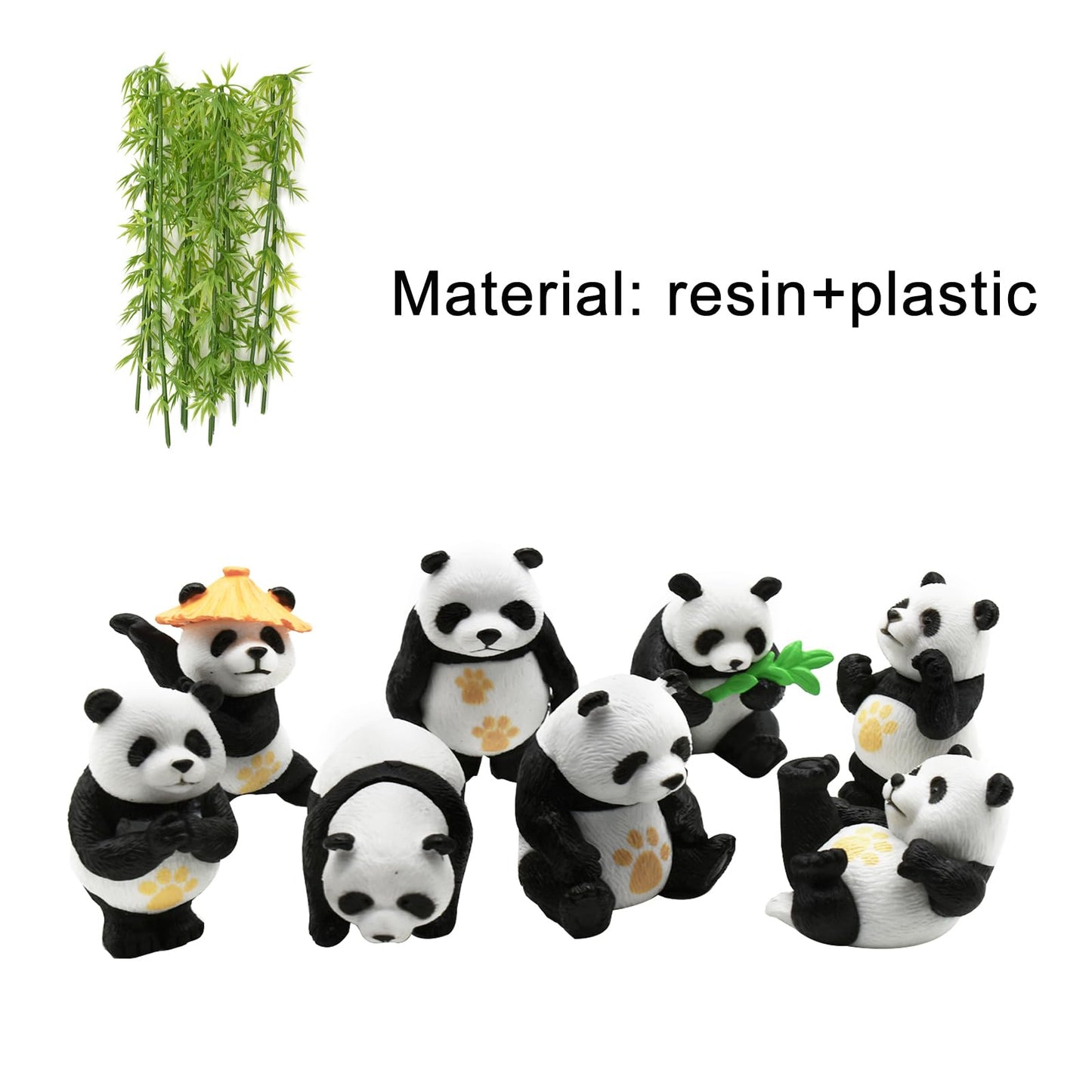 Pinenjoy 8Pcs Miniature Panda Figurine with 10Pcs Bamboo Resin 2inch Mini Animals Landscape Decoration for DIY Fairy Garden Doll