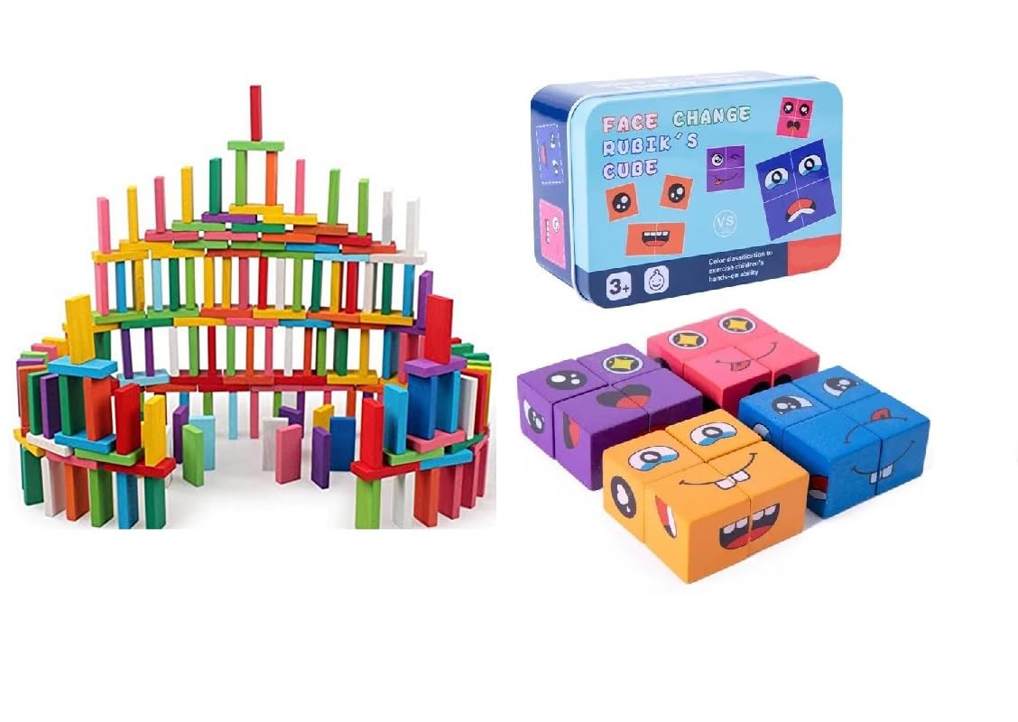 Woodlebee Kids Building Block Set With Face Changing Emoji Cubes, Diy Wooden Toys, Stickers And Glue For Creative Construction
