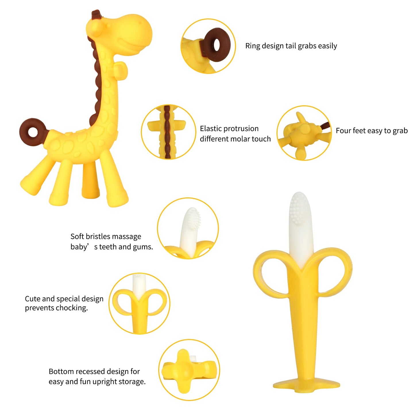 HAILI XMGQ Baby Teething Toys Set - 7 Piece Silicone Teether & Banana Finger Toothbrush, BPA Free, Pink Giraffe Shape for Infants