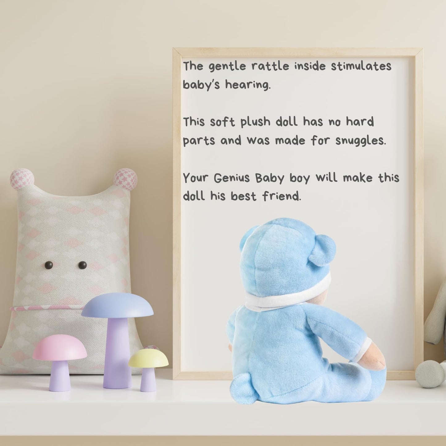 Genius Baby Toys My First Boy Doll - Soft Blue Cotton Doll with Rattle, No Hard Parts, Model GB-54, Perfect Gift for Babies