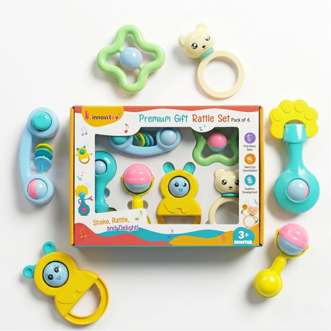 Innovitoy 9 Pcs Infant Baby Rattle Set | Colorful, NonToxic Early Development Toys | Safe Gift Pack For Newborn & Infants 012 