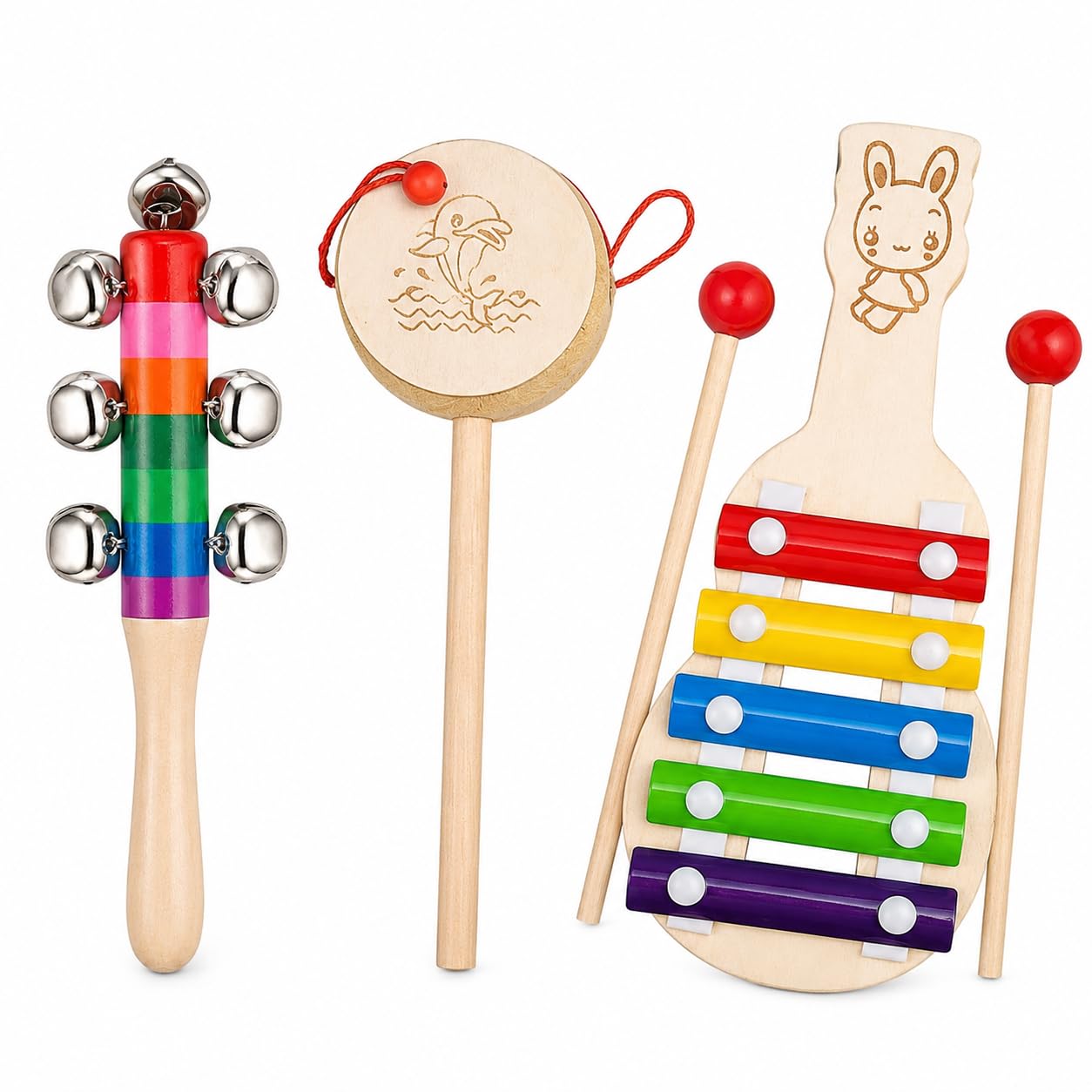 Little Mind KNK Wooden Musical Toy Combo for Babies 6 Months+Bunny Xylophone with 2 Mallets, White Damaru Drum Rattle & 10 Bell 