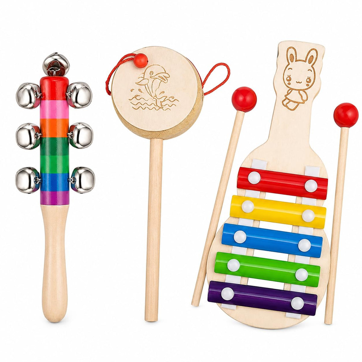 Little Mind KNK Wooden Musical Toy Combo for Babies 6 Months+Bunny Xylophone with 2 Mallets, White Damaru Drum Rattle & 10 Bell 