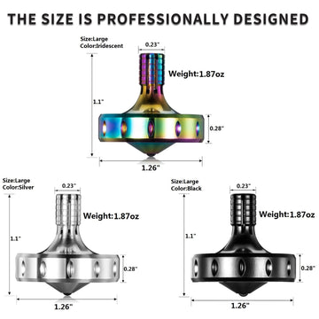 CHEETOP Precision Metal Spinning Top  Long Lasting Spin Time and Perfect Balance  Skilled mature-themed Easily Exceed 10 Mins  Portable Stainless Steel EDC Desktop Toys (3PCS L  Black+Silver+Iridescent)