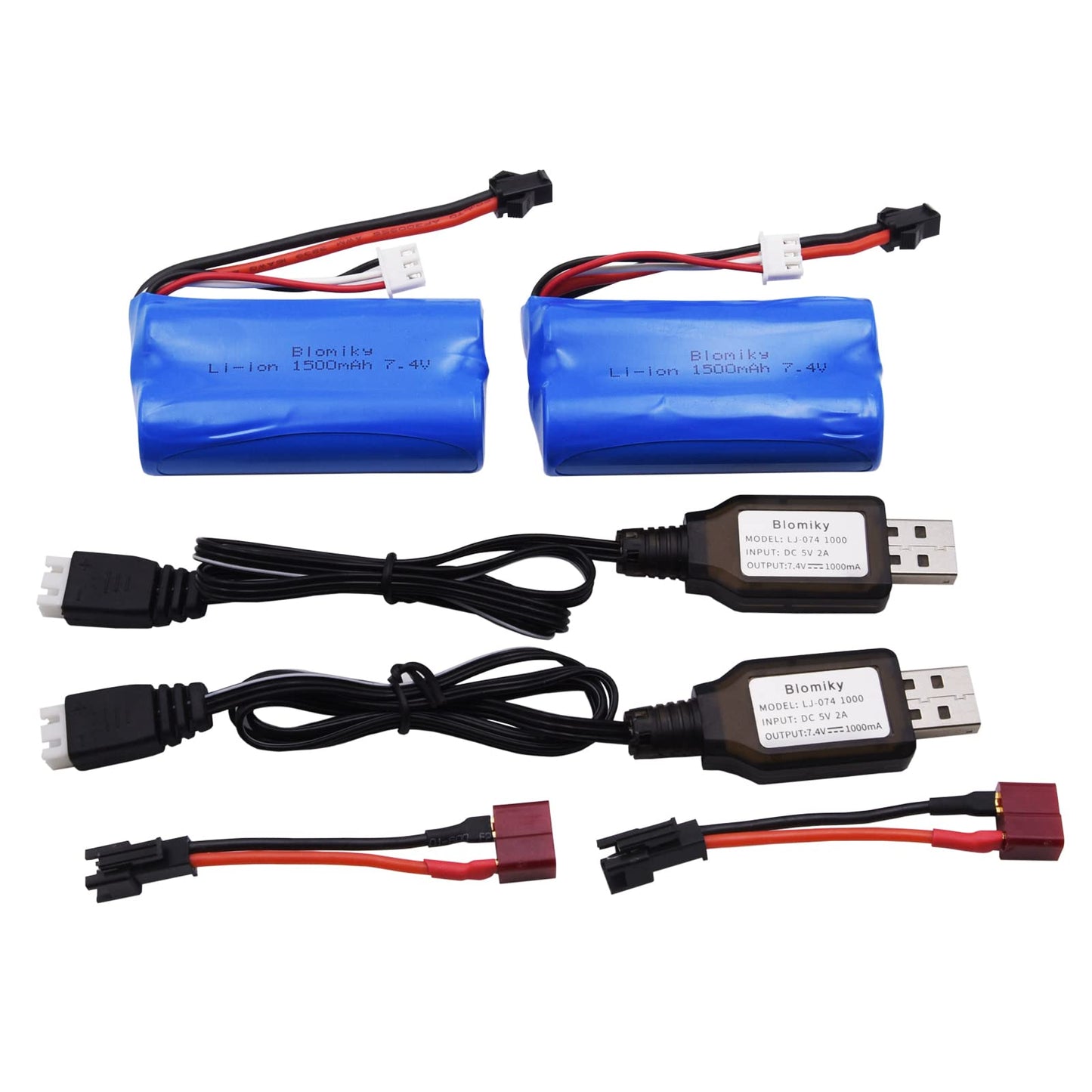 Blomiky 2 Pack 7.4V 1500mAh Li-ion Rechargeable Battery SM-2P Plug with Deans T Adapter and Charger Cable for H101 H103 H105 RC