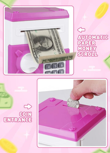 Playsheek Piggy Bank For Girls Boys Large Electronic Money Coin Banks With Password Protection, Automatic Paper Money Scroll Saving Box, Great Gift For Kids (Pink-White)