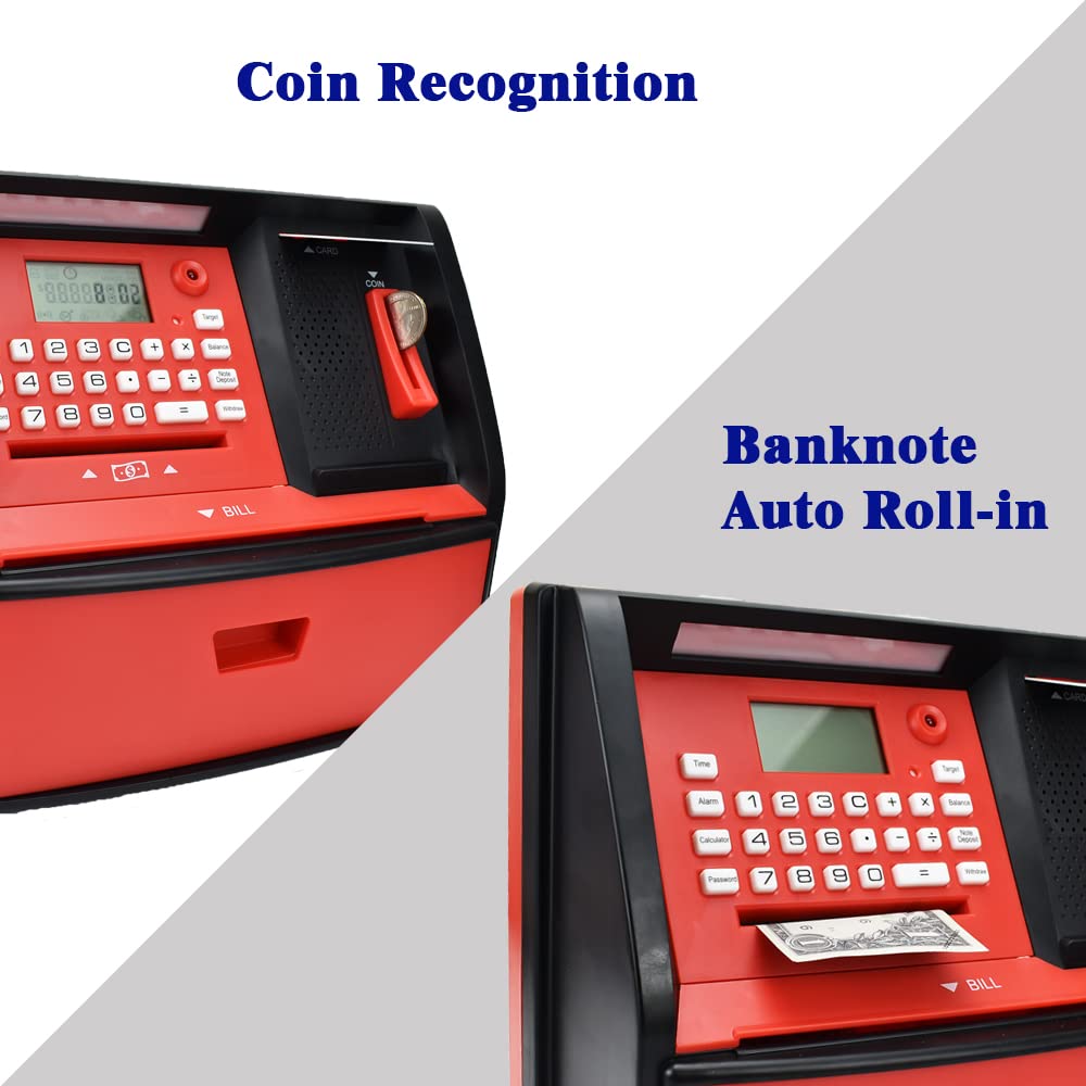 Atmbnk Interactive Atm Piggy Bank For Kids, Safe Money Saving Toy With Password Protection, Coin Recognition, Bill Insertion, For Boys And Girls Aged 5-12 (Black/Red)