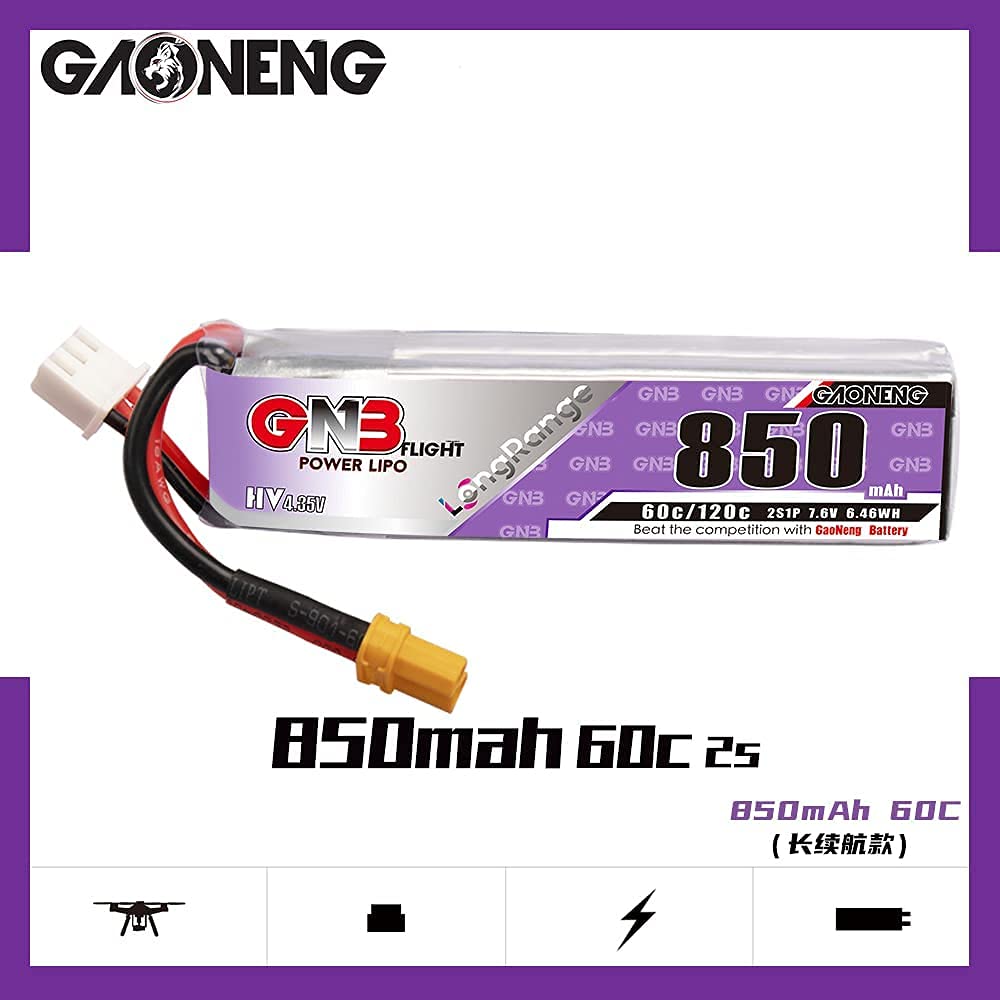 GAONENG 4PCS GNB 2S LiPo 850mAh 7.6V HV 60C 120C LiPo Battery Long Range with XT30 Plug for UMX Pitts S-1S Mini Micro FPV Freest