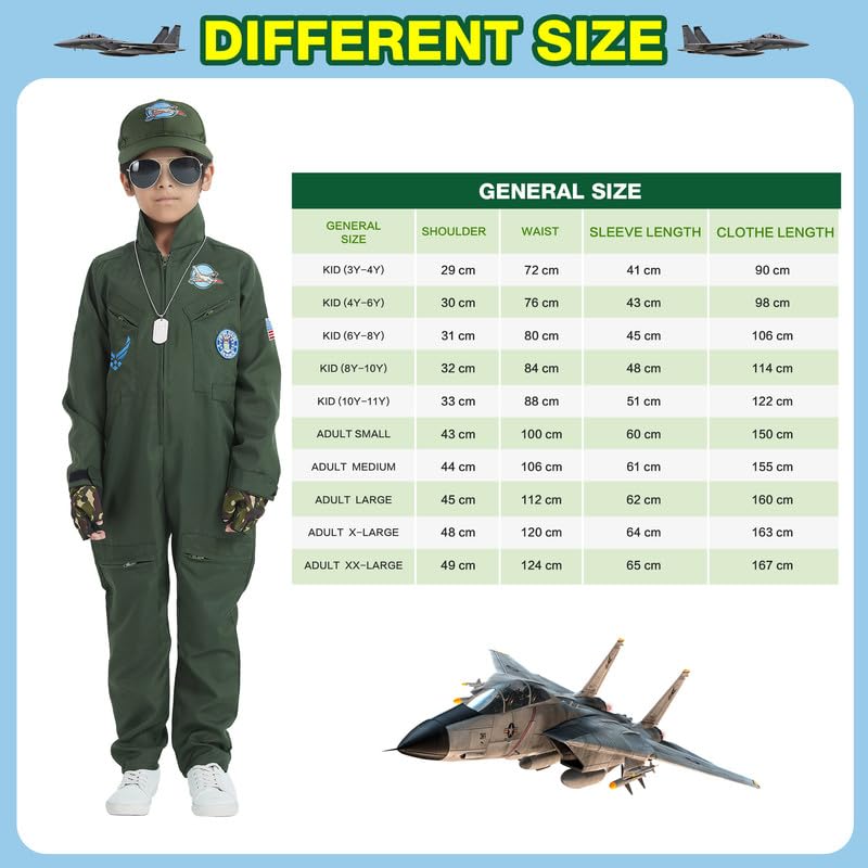 Zoruis Pilot Costume For Children, Top Air Force Aircraft Cosplay Costume With Cap, Glasses, Gloves, Pendant For Halloween Party