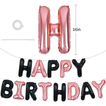 Toniful Black Rose Gold Happy Birthday Balloons Banner 16 Inch Mylar Foil Letters Birthday Sign Banner Bunting Reusable For Girl