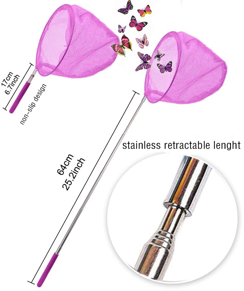 Dewel Kids Telescopic Butterfly Fishing Nets Butterfly Catchers For Kids Insect Catching Nets Outdoor Tools For Catching Bugs Fish Insect,Pop Up Mesh Cage Tweezers And Pliers Kit Extendable 34 Inches