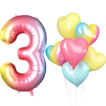 Biapian 40 Inch Rainbow Number 3 Balloons, 7Pcs Large Gradient Number 3 Birthday Balloons With Pink Blue Yellow Foil Heart Shape