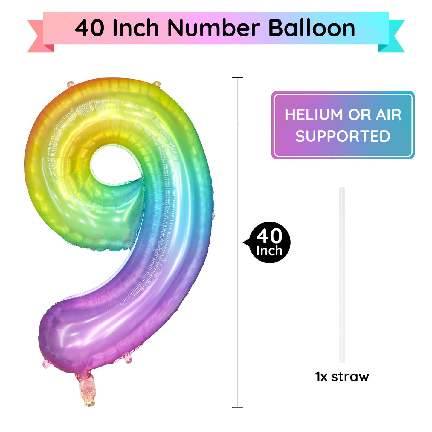 Paticool 40 Inch Rainbow Number Balloon 9, Large Number Foil Balloons Mylar For Girl Boy Birthday Party Celebration Decorations