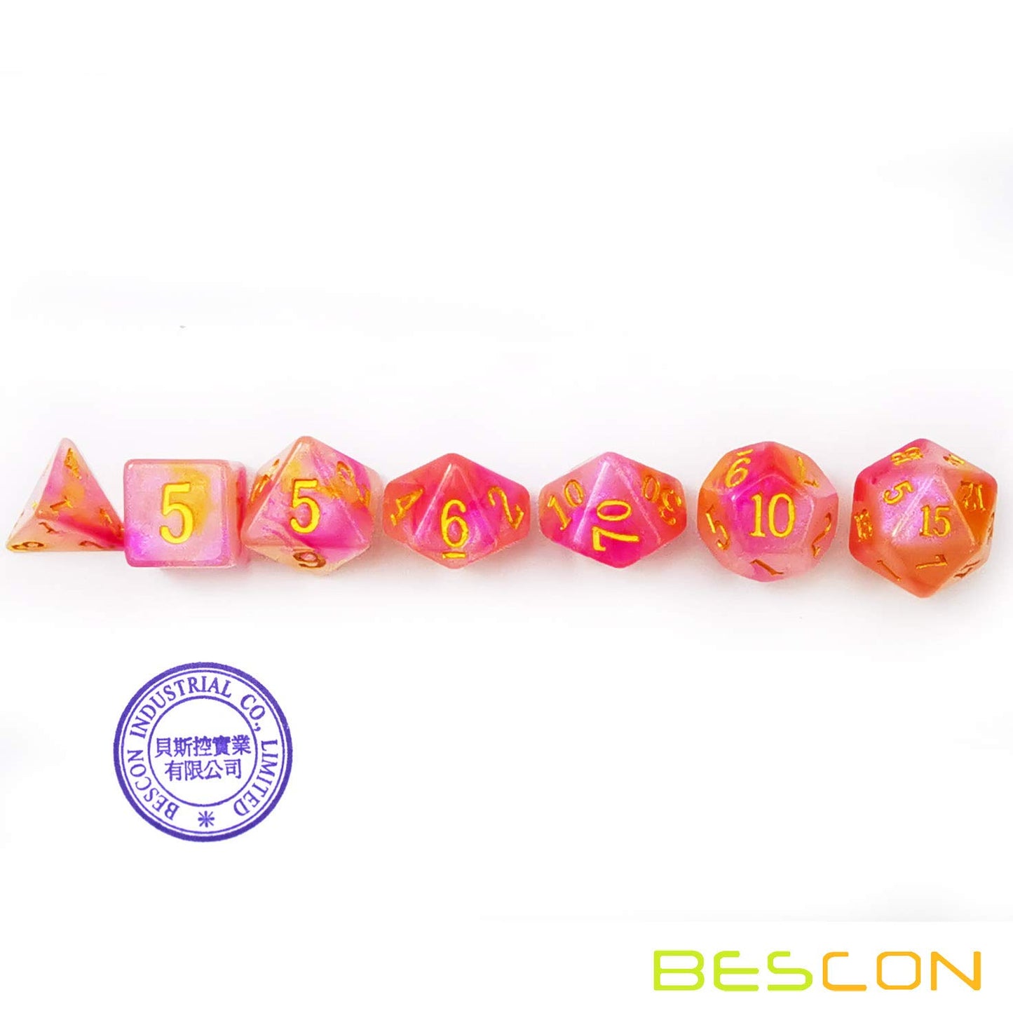 Bescon Magical Stone Dice Set Series, 7pcs Polyhedral RPG Dice Set RoseQuartz, Brick Box Packing