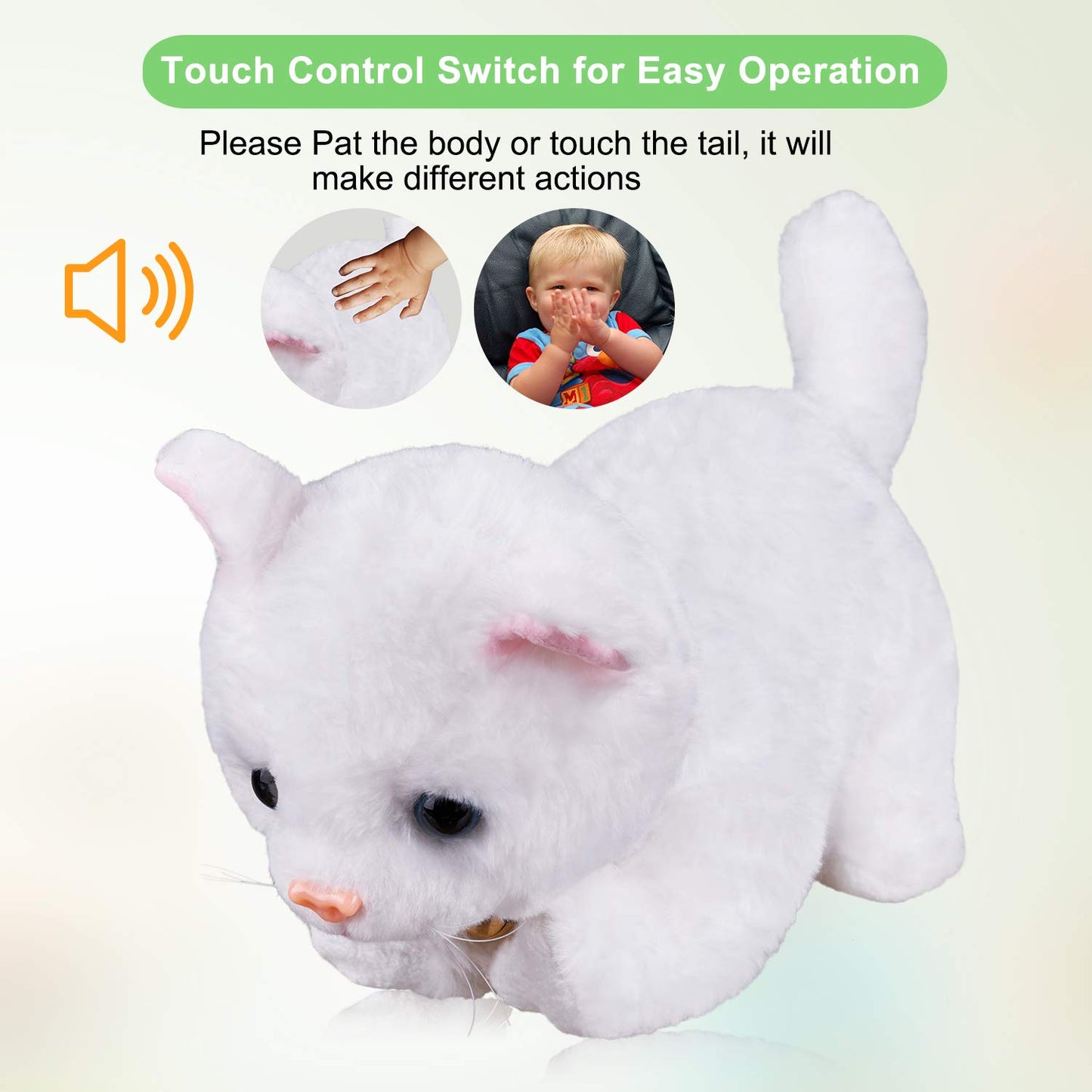 White Plush Cat Stuffed Animal Interactive Cat Robot, Robotic Cat Barking Meow Kitten Touch Control, Electronic Pet, Robot Kitty Toy, Animated Cat For Girl Baby Kid L:12' * H:8' *
