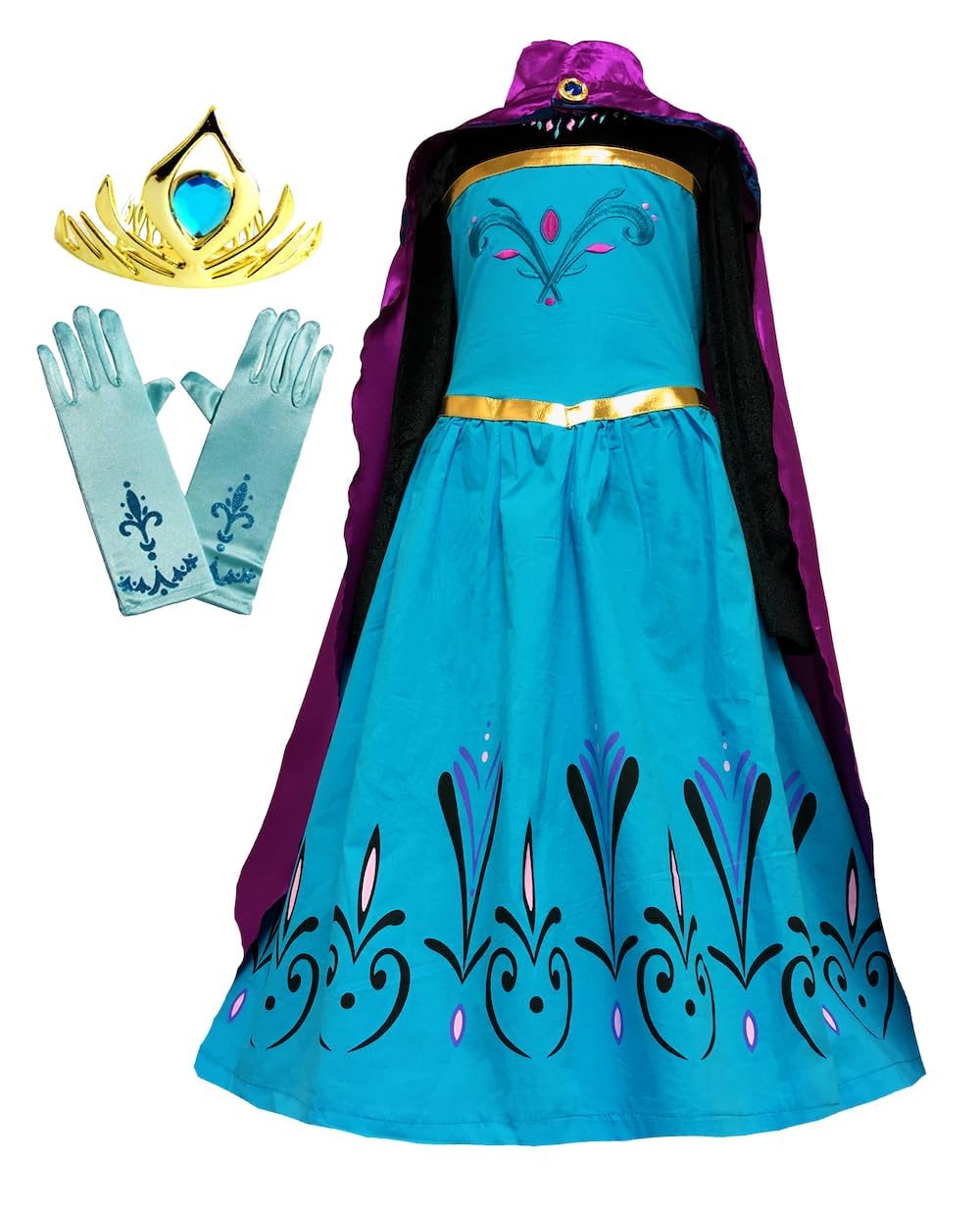 Cokos Box Girls Coronation Dress, Princess Costume, Cape, Gloves And Tiara Crown Accessories Set, Blue-Purple, 9 Years