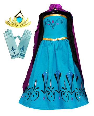Cokos Box Girls Coronation Dress Costume Cape Gloves Tiara Crown Accessories Kids Set (Blue-Purple, 8 Years)