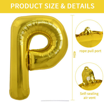 Toniful 40 Inch Large Gold Letter P Balloons Helium Balloons,Foil Mylar Big Balloons For Birthday Party Anniversary Supplies Dec