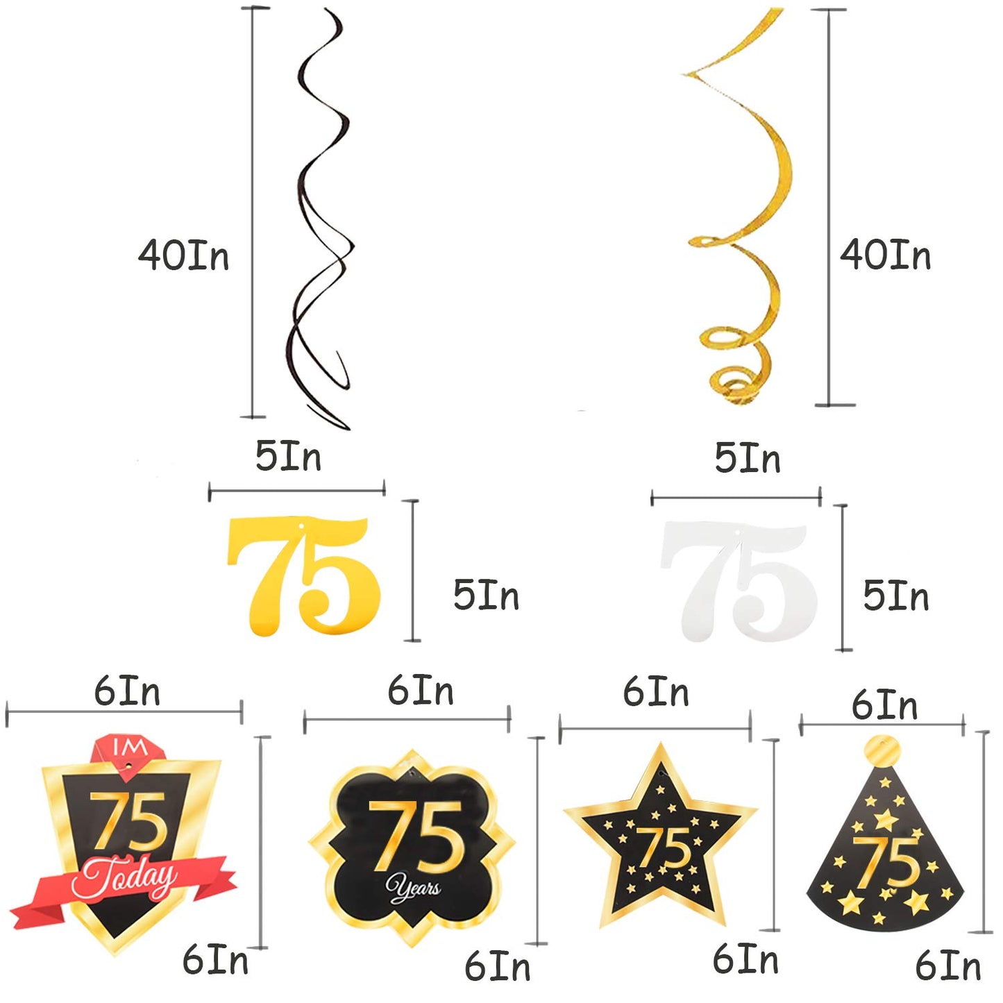 LINGTEER Happy 75th Birthday Decorations - 12Pcs Birthday Black & Gold Swirls Streamer Set,Cheers to 75 Years Old Bday Party Dec