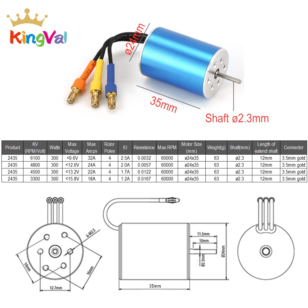 Kingval Replacement 2435 4800Kv Sensorless Brushless Motor Shaft 2.3Mm Compatible With 1/16 1/18 Rc Car