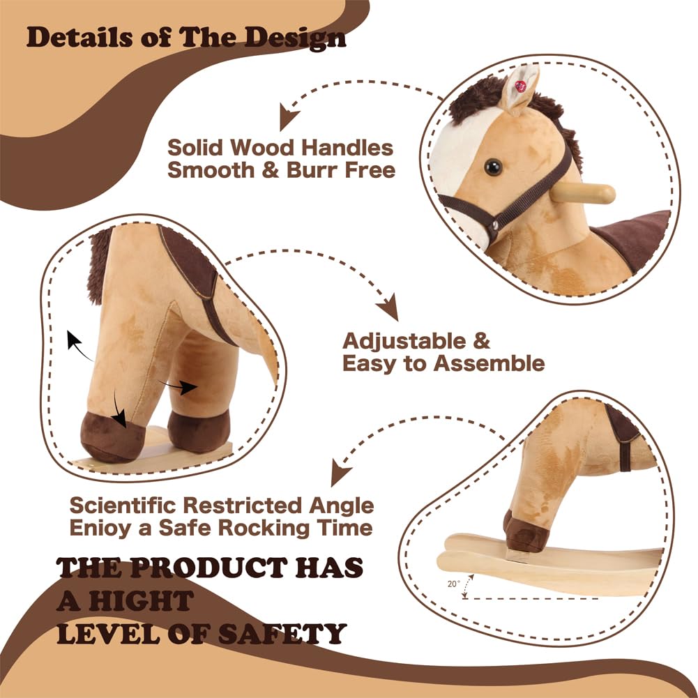 ROCK MY BABY Rocking Horse for Toddlers, Soft Fabric, Realistic Sounds, Large Light Brown Pony, CPC Certified