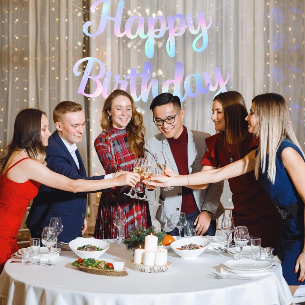 Beishida Iridescent Happy Birthday Banner - No Diy,10Feet,Pre-Strung-Glitter Happy Birthday Sign, Happy Birthday Garland,Happy B