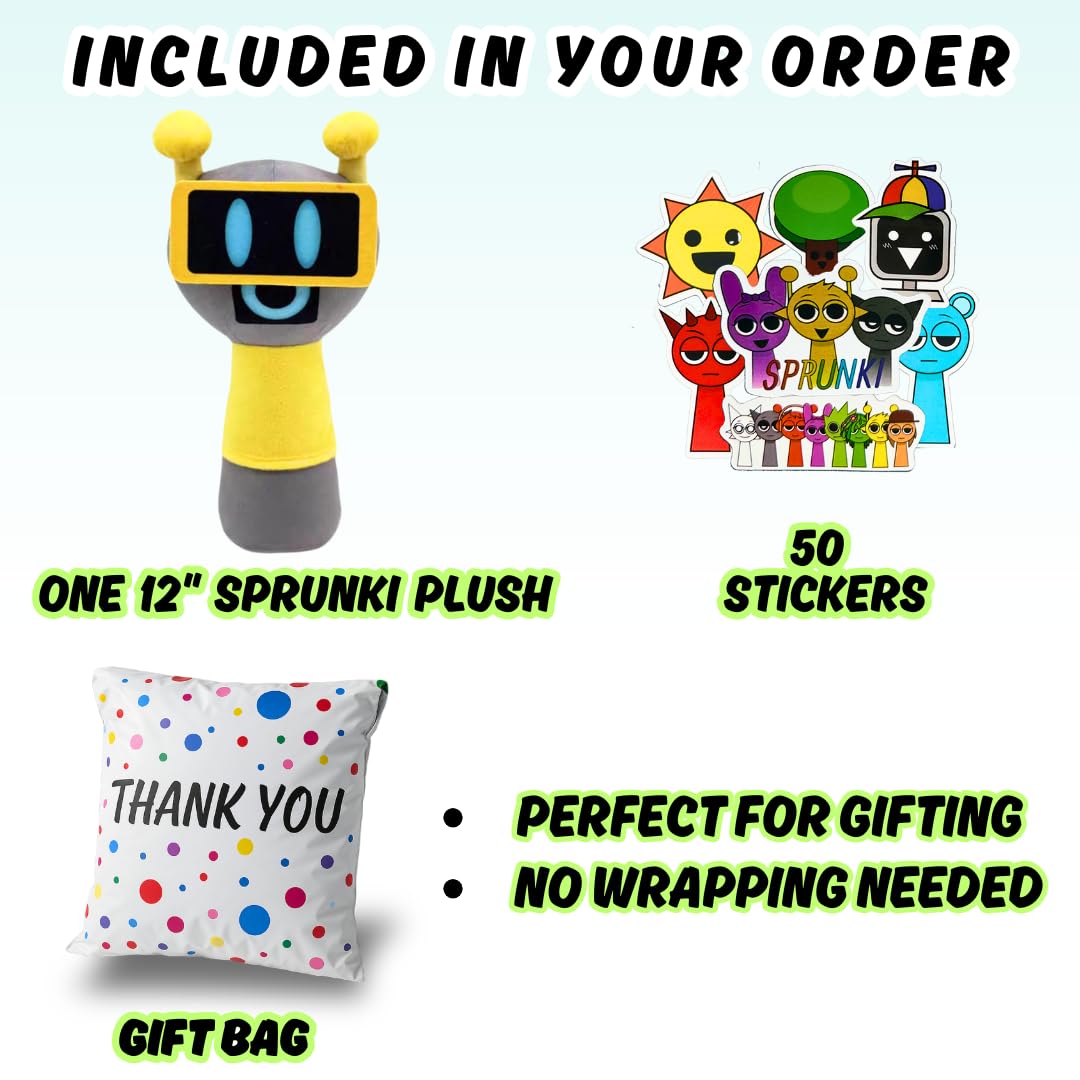 Sprunki Plush Toy - 12  enhanced Stuffed Character Doll with 50 Stickers & Gift Bag | Soft Plushies for Kids Room Decor  Cuddling  or Play | Choose Sky  Pinki  Oren  Simon  Mr. Fun Computer & More