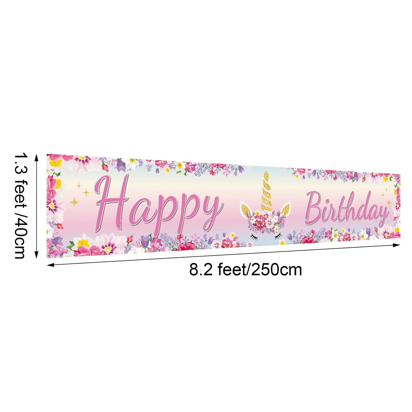 Large Unicorn Happy Birthday Banner 1.3 x 8.2 ft Huge Pink Unicorn Flowers Birthday Banner Floral Yard Sign Decorations for Outd