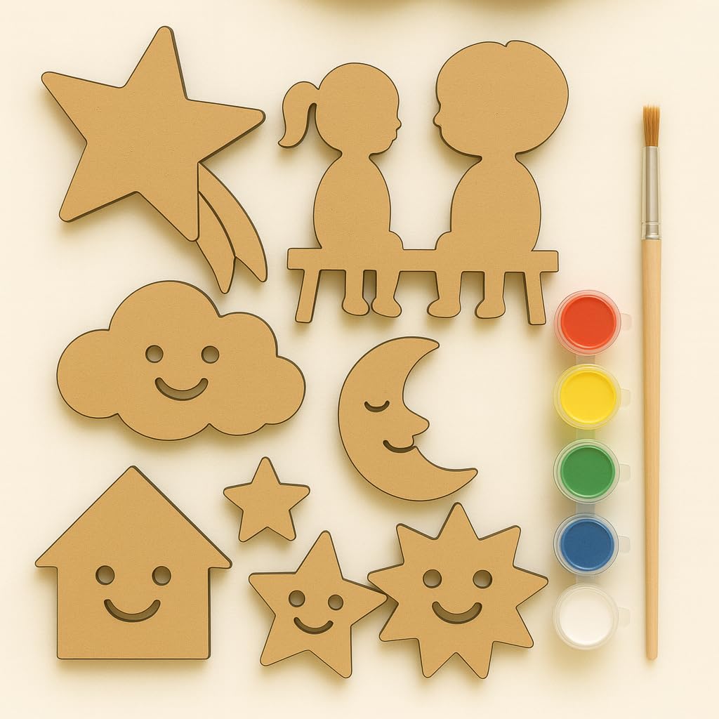 LetS Diy Wooden Cutouts Painting Kit, 8 Pieces With 5 Paint Colours And Brush, Cloud Moon Star House Shapes For Kids Crafts Act