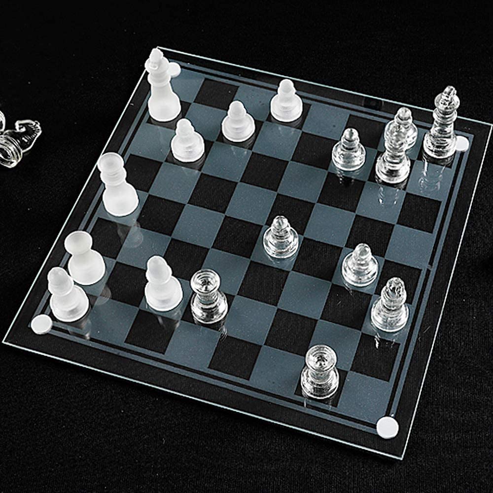 e5e10 Glass Chess Set - 10" Frosted & Clear Pieces, Felted Bottom, Black